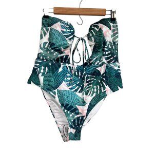 Pacsun Swimsuit L Green Tropical Palm Leaf Floral Resort Beach Feminine Boho 90s